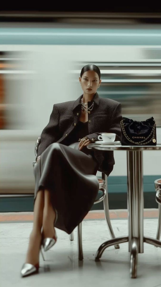 A woman in a tailored jacket seated at a café table as a train blurs past
